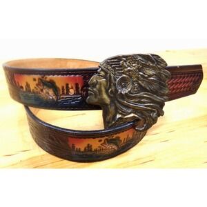 Mens Tooled Leather Belt with Large Mouth Bass & Indian Head Brass Buckle 36/38‎